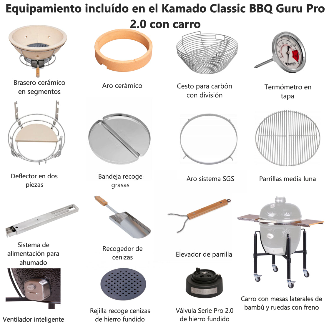 Kamado Guru Classic Pro 2.0 con carro de Monolith accesorios incluídos