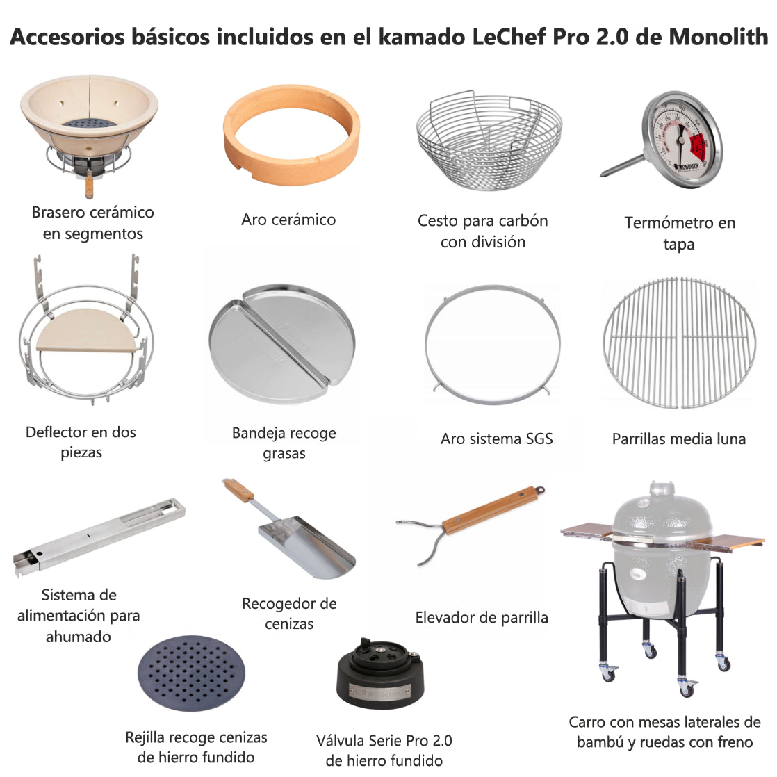 Kamado LeChef Pro 2.0 con carro de Monolith accesorios