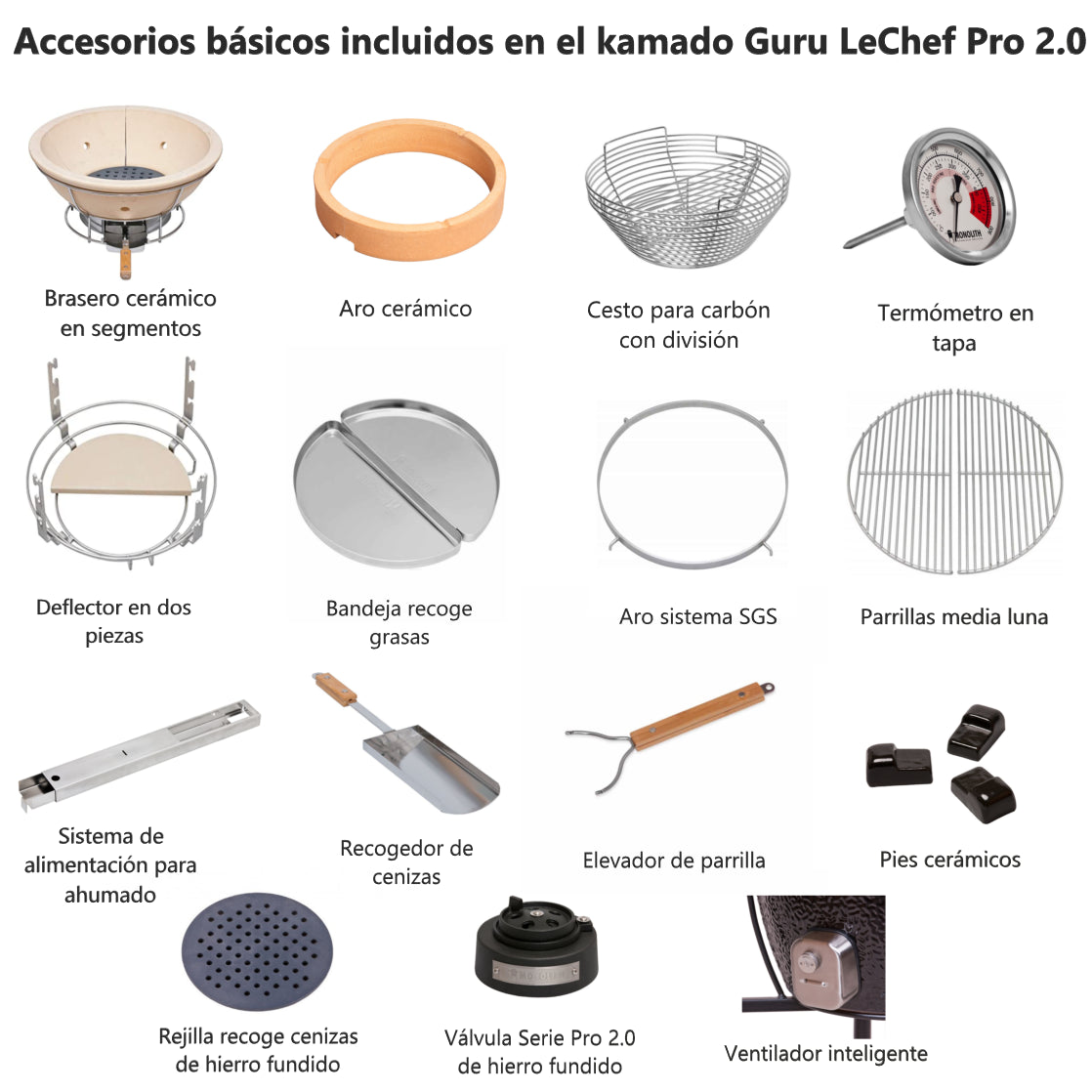 Kamado Guru LeChef Pro 2.0 con pies de Monolith accesorios