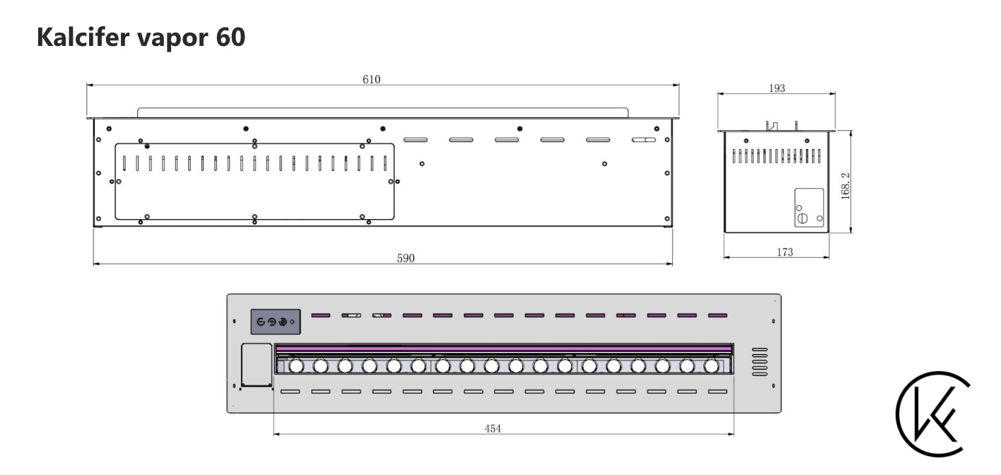 Medidas KALCIFER 60cm. Quemador de vapor de agua para encastrar en chimeneas