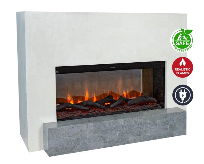 Chimenea eléctrica Santos Ruby Fires Xaralyn con diseño moderno y detalles en tonos cálidos en un entorno elegante.