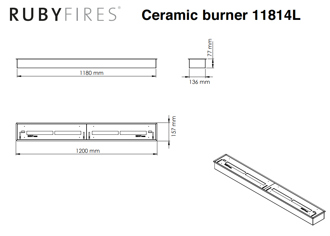 Dibujo técnico Quemador de bioetanol Ruby Fires Xaralyn negro 11814
