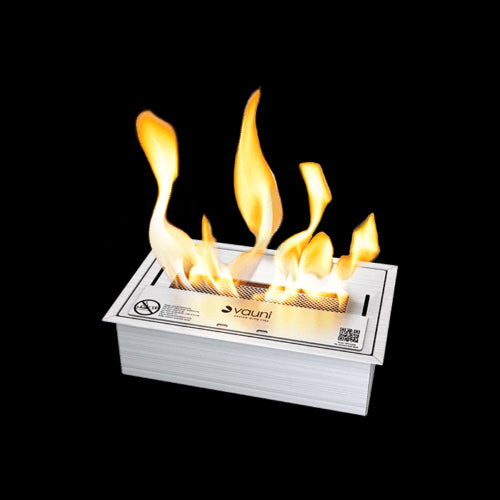 Infografia de quemador de bioetanol Vauni con llamas simuladas