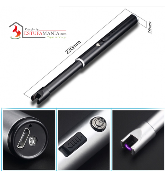 Encendedor de seguridad USB de Estufamania, compacto y portátil, con diseño resistente y funcional para encender con protección.