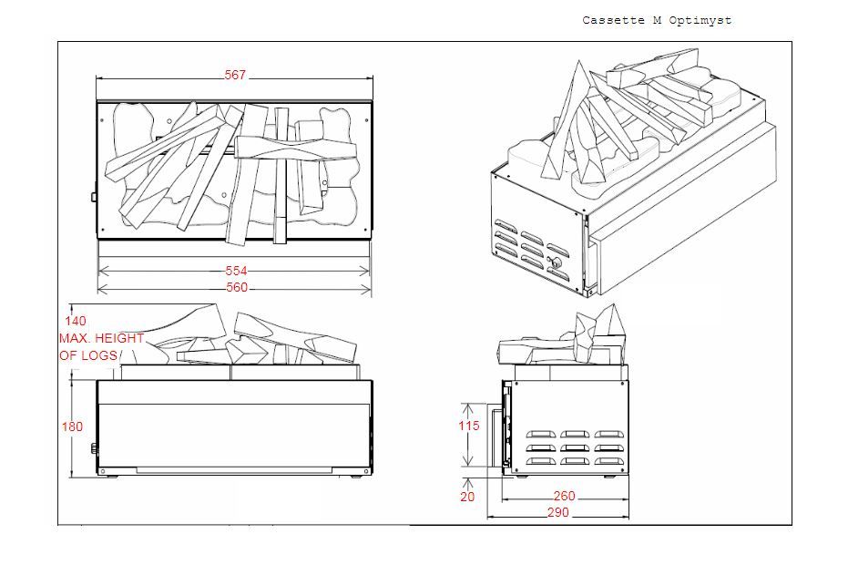 Medidas de la chimenea Maggie M de dimplex de vapor de agua