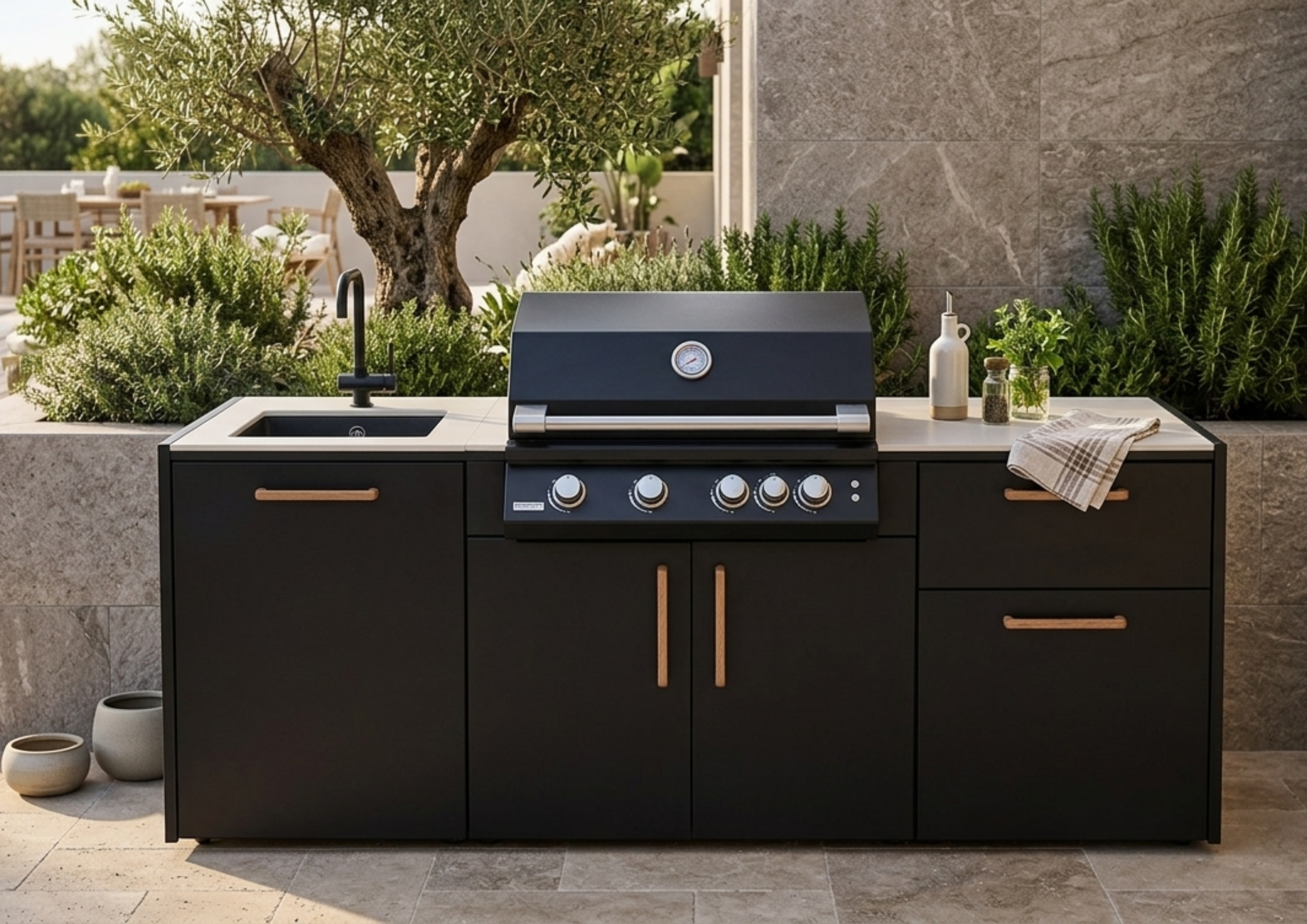 Vista de ambiente de una cocina de exterior Brabura Grills, con una barbacoa de la serie Fusion y un fregadero a juego