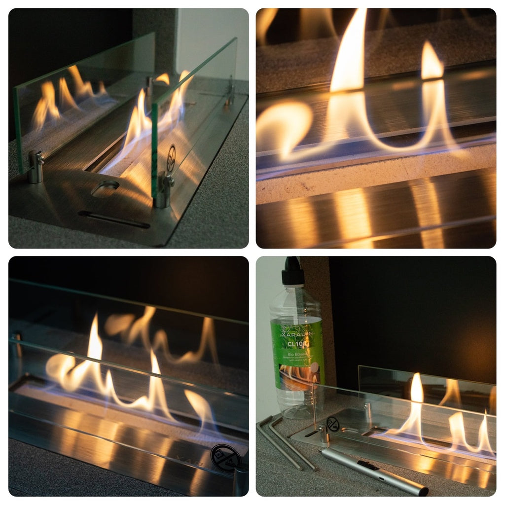 Estufa de bioetanol Cuneo Ruby Fires Xaralyn, chimenea moderna de mesa con diseño elegante y llamas visibles.