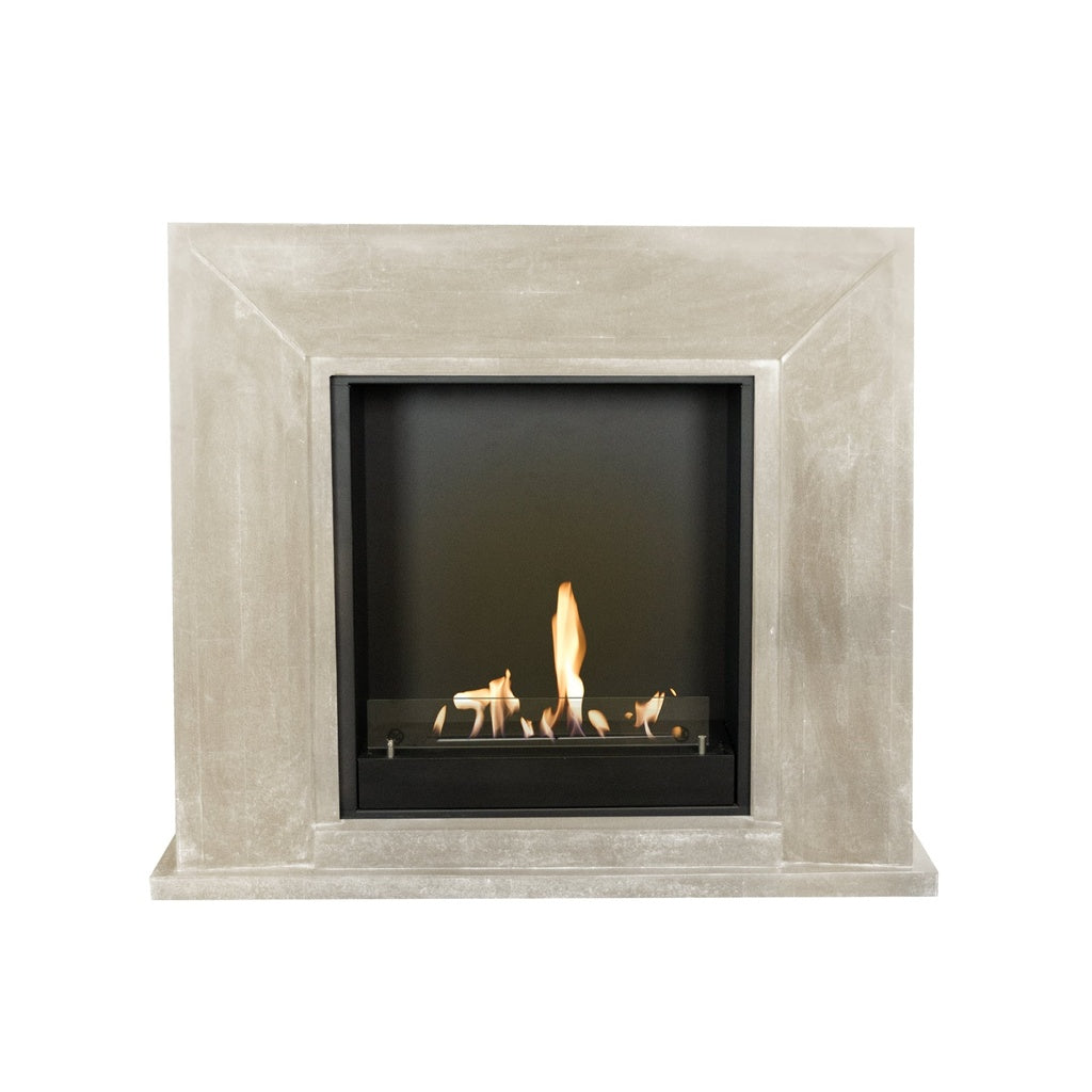 Estufa de bioetanol Ruby Fires Xaralyn NERO en piedra pulida blanca, con llamas visibles y diseño moderno para interiores.