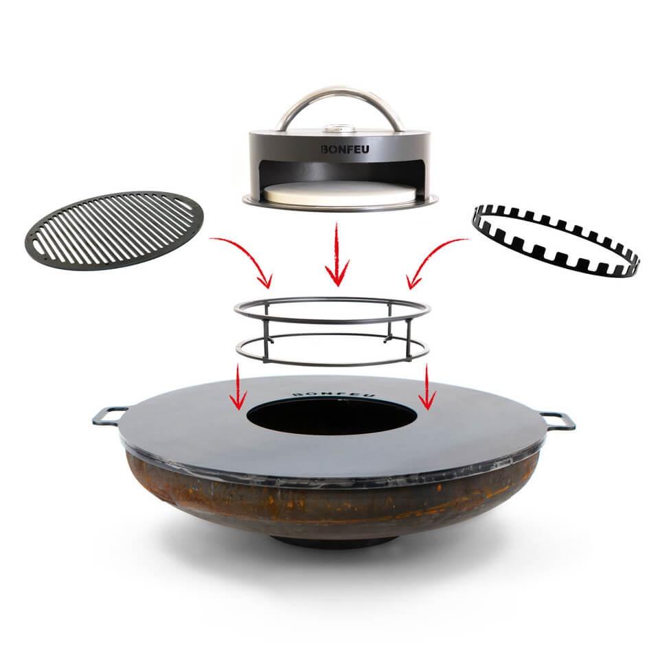 Esquema de accesorios: rejilla, soporte y horno compatibles con BonBowl