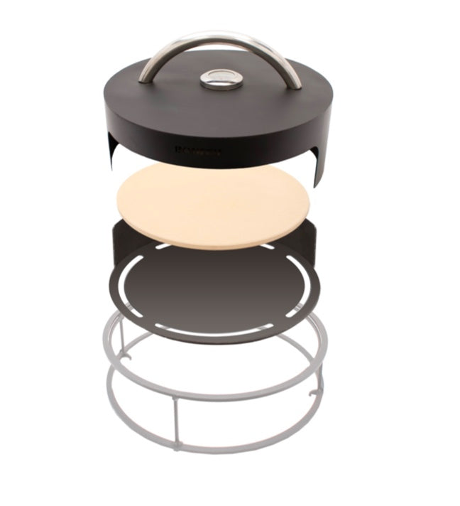 Kit completo del horno BonFeu incluyendo la estructura de acero, la tapa y la piedra para pizza.