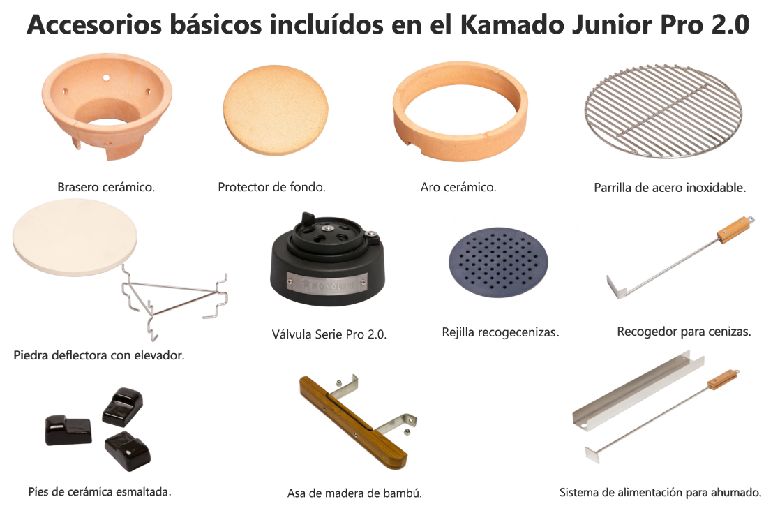 Kit de accesorios incluidos con el Monolith Junior 33: deflector, rejilla, sistema de ahumado y herramientas