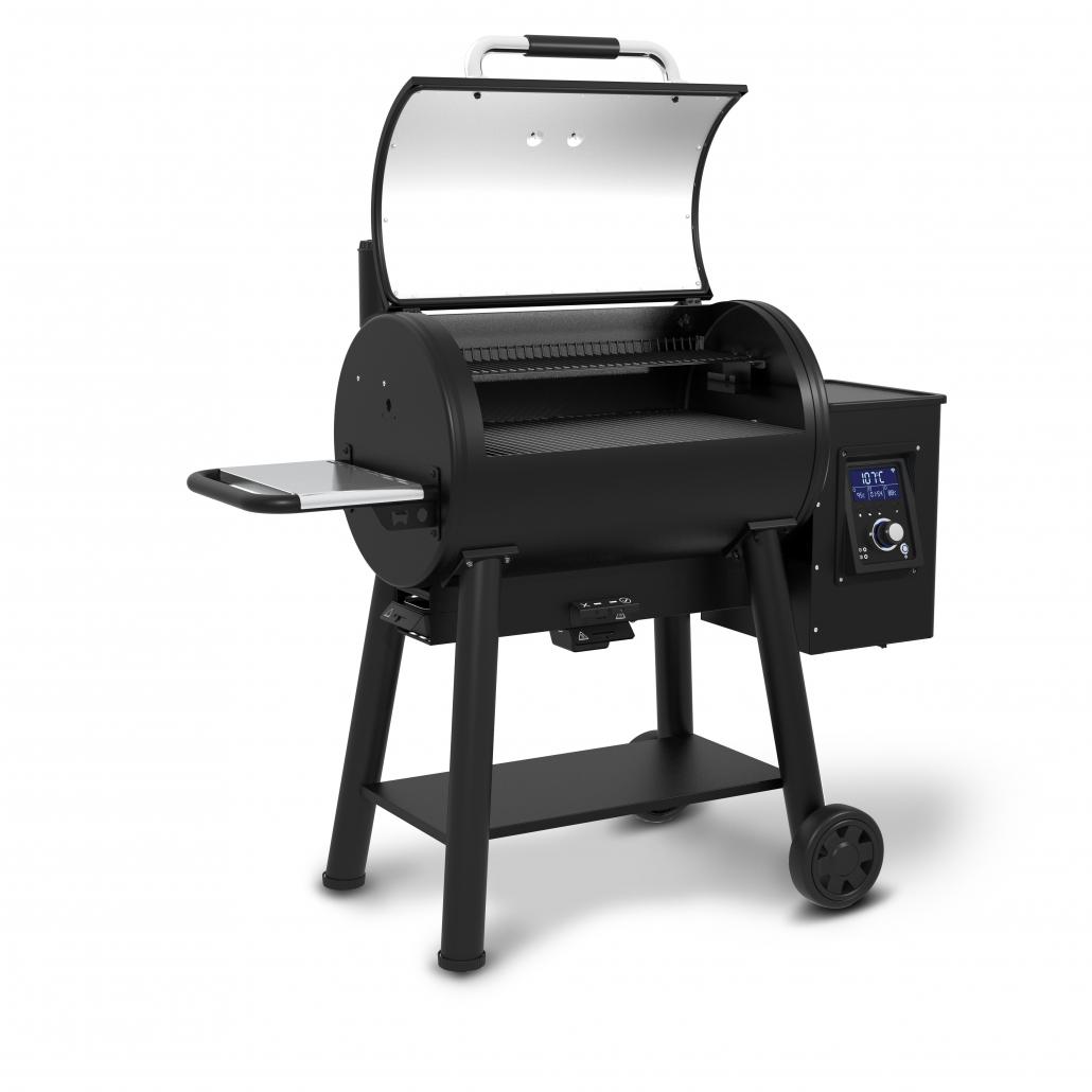 Interior de la barbacoa Regal Pellet 500 abierta, mostrando el gran espacio de cocinado y rejillas de hierro fundido
