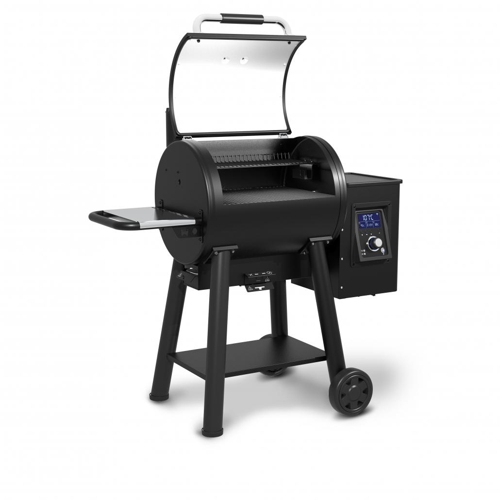 Interior de la barbacoa de pellets Regal 400 abierta mostrando las rejillas de hierro fundido extra gruesas