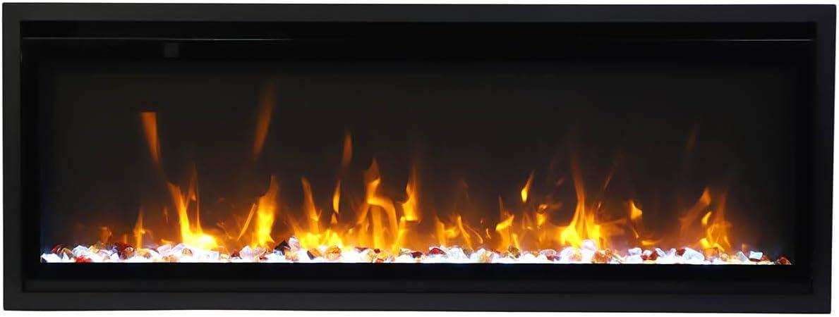 Vista frontal de la chimenea Amantii SYM Slim con iluminación LED naranja cálida