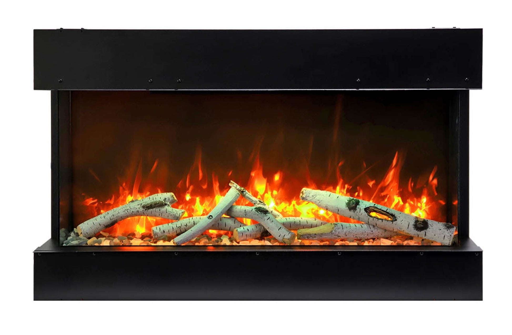 Vista frontal de la chimenea eléctrica Slim de Amantii con leños decorativos y llamas realistas.