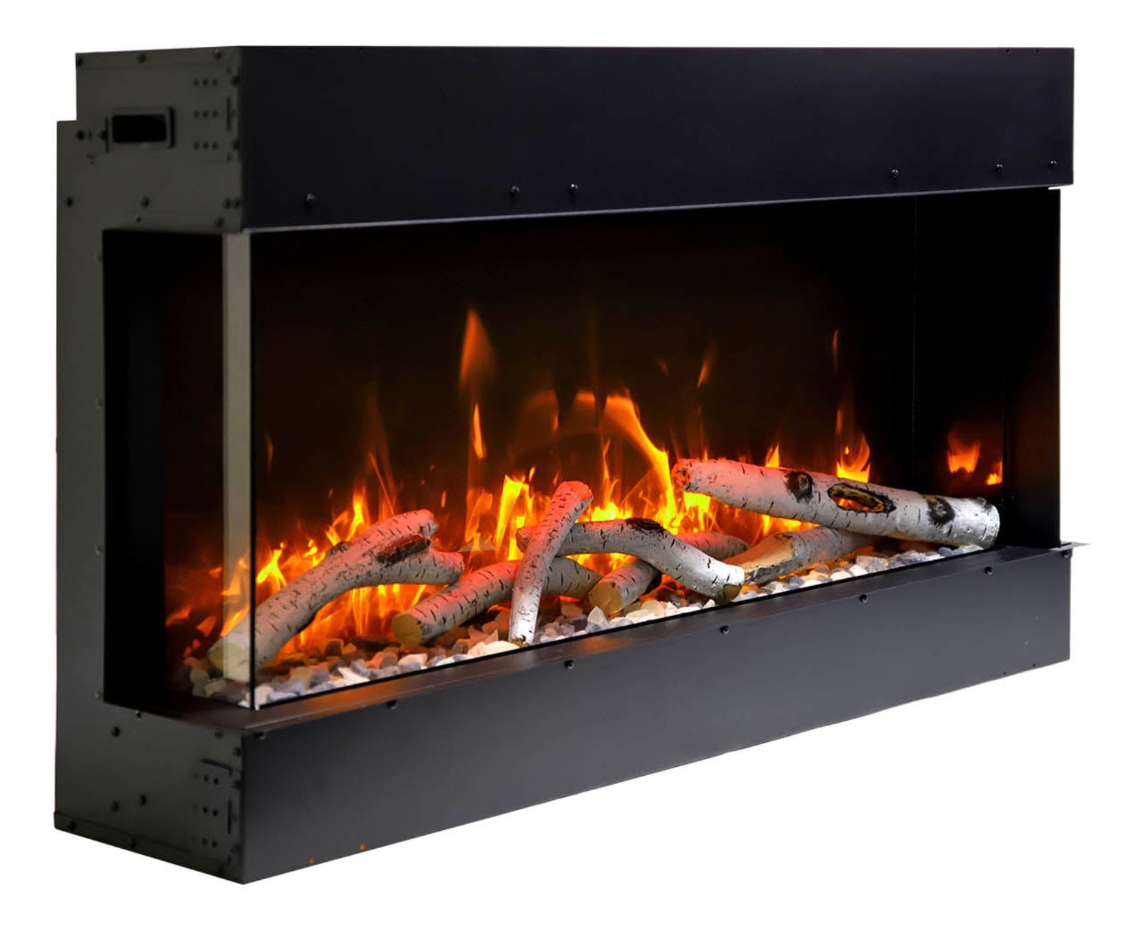 Vista técnica de la chimenea Amantii Tru View Slim resaltando su diseño delgado para paredes estrechas