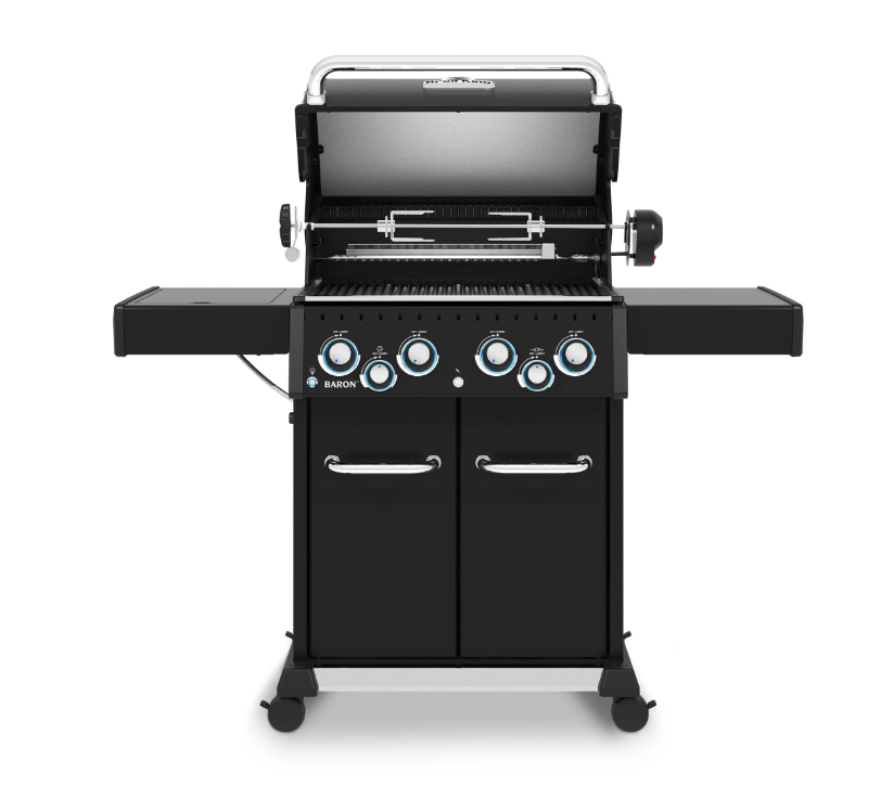 Interior de la barbacoa Baron 490 Shadow con kit de rustidor premium y estantes laterales