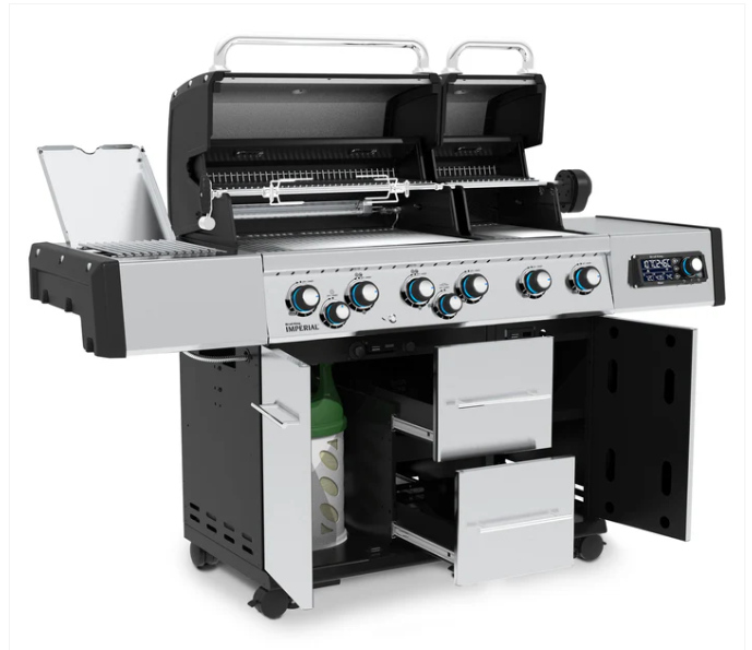 Vista completa de la barbacoa Imperial QS 690 IR abierta con rustidor y cajones de almacenamiento extraíbles