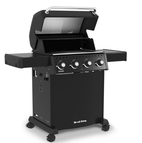 Barbacoa Broil King Crown 410 Shadow con la tapa abierta mostrando las rejillas de hierro fundido