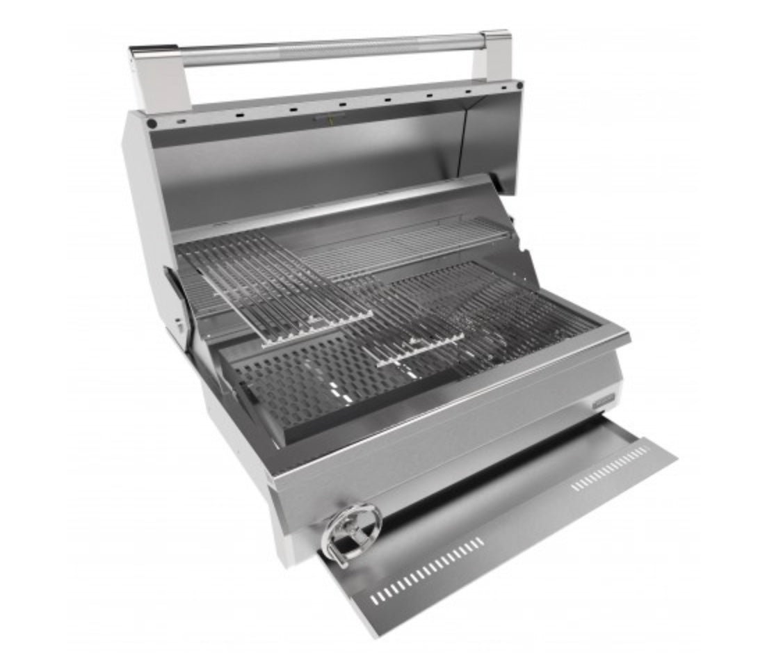 Barbacoa de carbón encastrable EMBER 800 con sistema de regulación de altura por manivela.