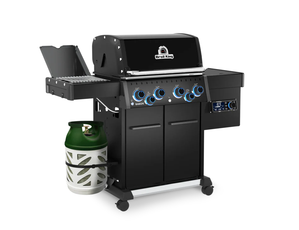 Diseño elegante de la barbacoa Baron 490 IRX Shadow de Broil King con mandos iluminados