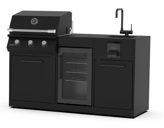 Barbacoa de gas Brabura Grills LITE Series 300 con 3 quemadores de acero inoxidable negro y tapa con termómetro.