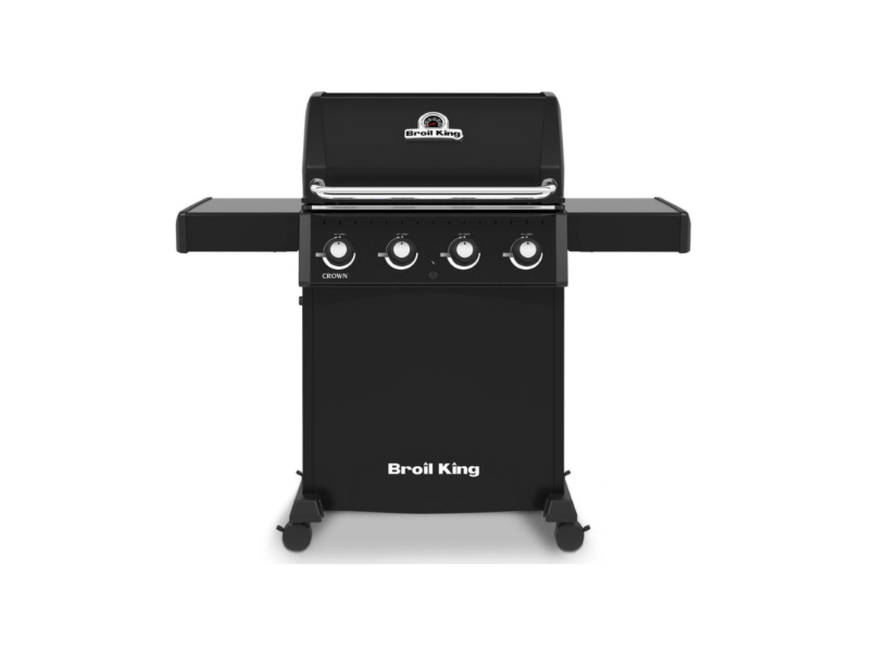 Barbacoa de gas Broil King Crown 410 Shadow en acabado negro satinado, vista frontal con 3 quemadores principales