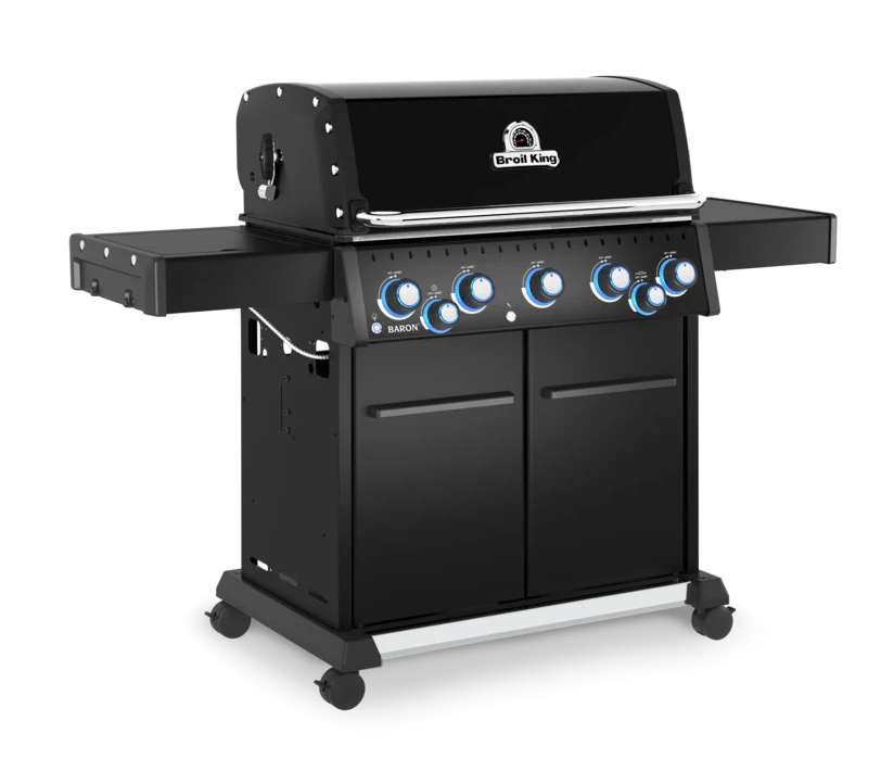Diseño exclusivo en negro de la barbacoa Baron 590 Shadow con estantes laterales y mandos iluminados