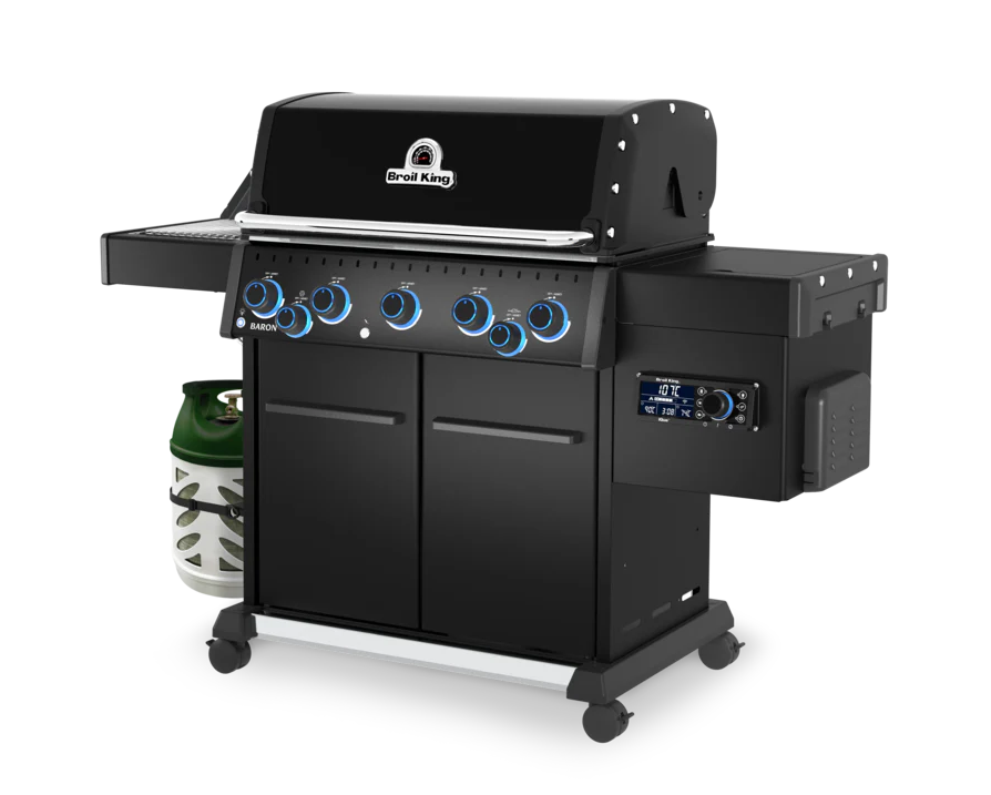 Vista lateral de la barbacoa Baron 590 IRX Shadow mostrando el acabado integral en negro y mandos iluminados