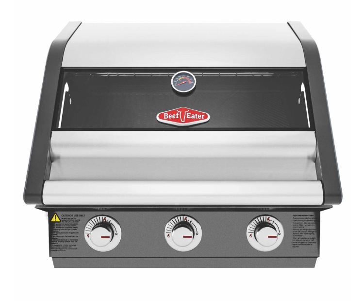Barbacoa encastrable compacta BeefEater serie 1600E con ventana de visualización en la tapa.