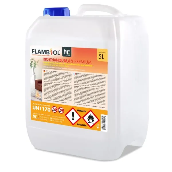 Garrafa de 5 litros de bioetanol Hofer 96.6% Premium para quemadores de bioetanol manuales.