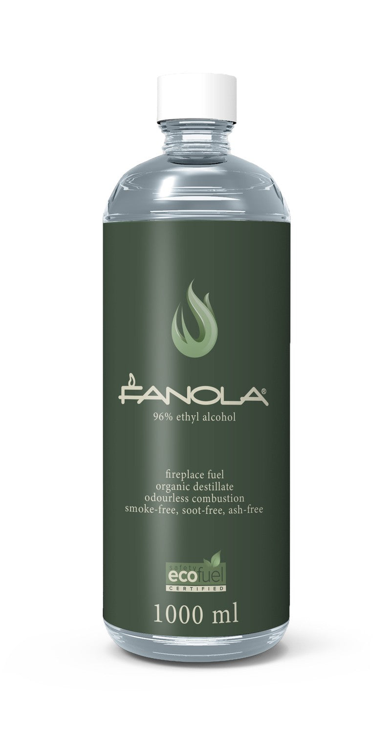 Botella de 1 litro de bioetanol Fanola para quemadores automáticos Planika.