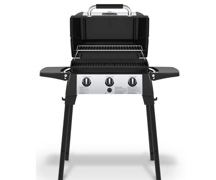Barbacoa Porta-Chef 320 con tapa abierta mostrando el área de cocción y las rejillas de hierro fundido