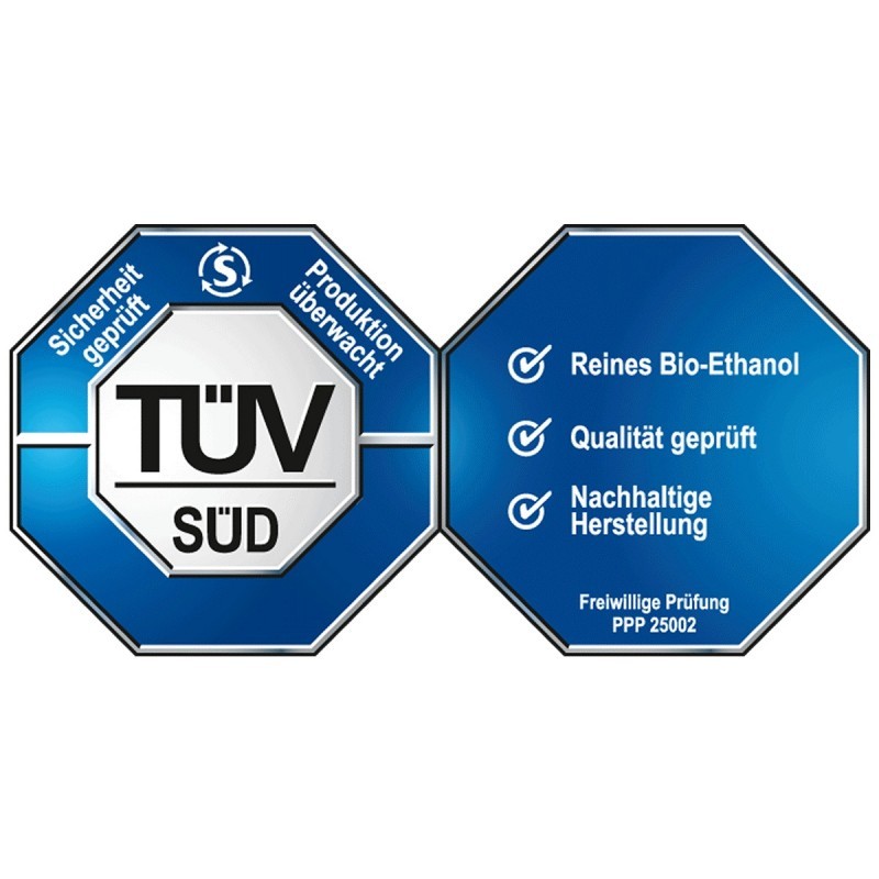Sello de certificación TÜV SÜD que garantiza la seguridad y calidad del bioetanol Hofer.