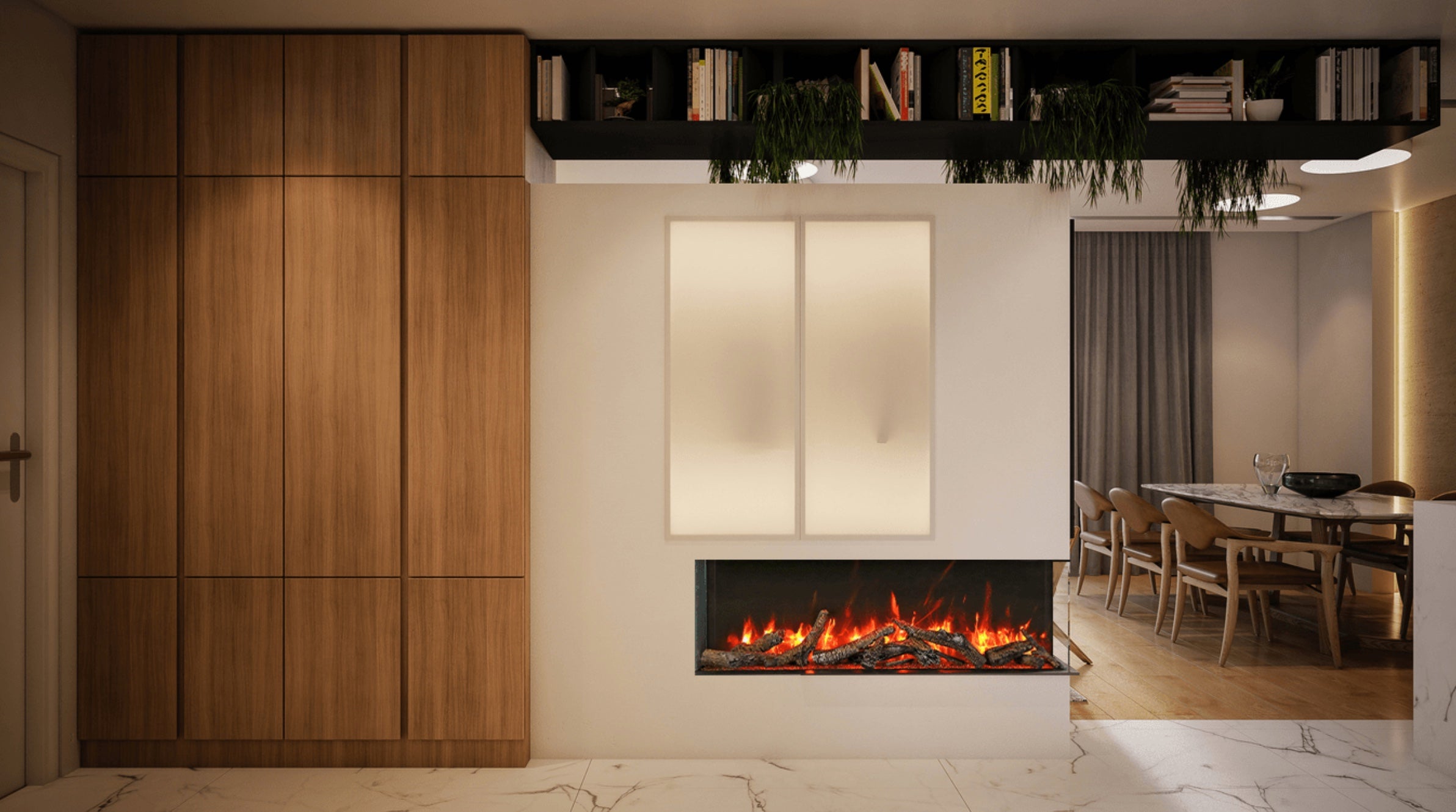 Chimenea eléctrica Amantii Tru View Slim instalada como separador de ambientes entre cocina y comedor