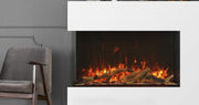 Chimenea eléctrica de 3 caras Amantii TRU View XL XT instalada en esquina de diseño moderno.