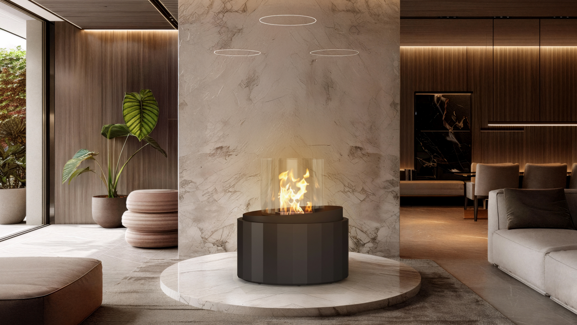 Chimenea de bioetanol compacta Planika Nest instalada en un salón de lujo moderno
