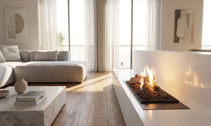 Instalación lineal de la chimenea Flogs 990 en un salón moderno y luminoso