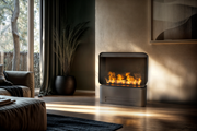 Chimenea de bioetanol inteligente Planika AI instalada en un salón de diseño minimalista