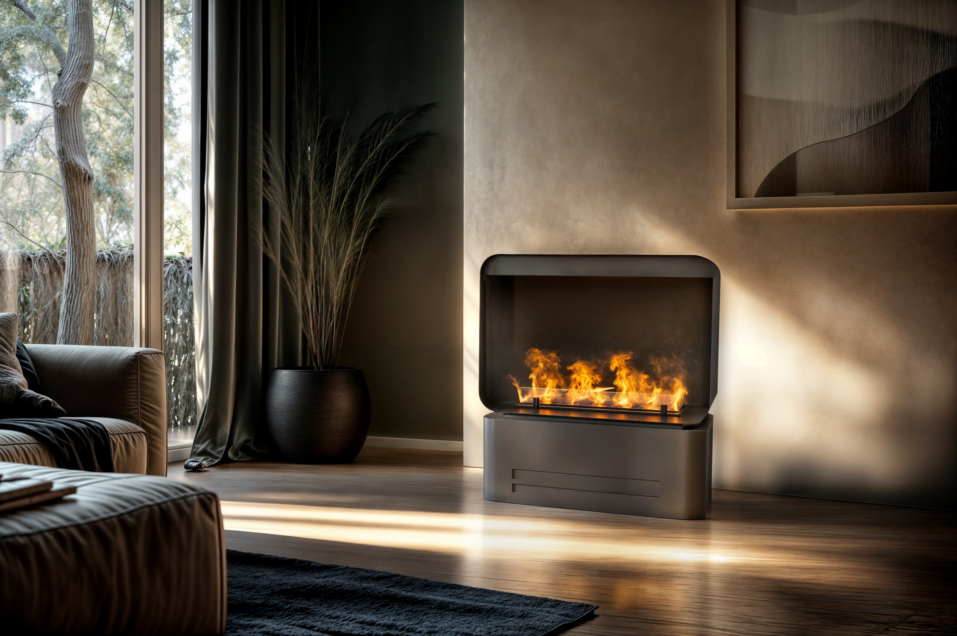Chimenea de bioetanol inteligente Planika AI instalada en un salón de diseño minimalista