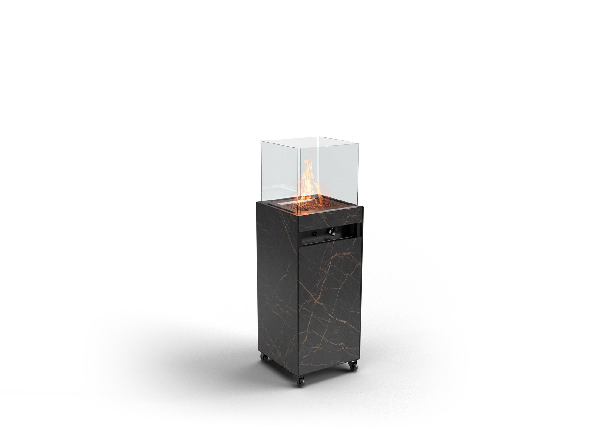 Chimenea de bioetanol Oia de Planika en acabado negro con vetas estilo mármol.
