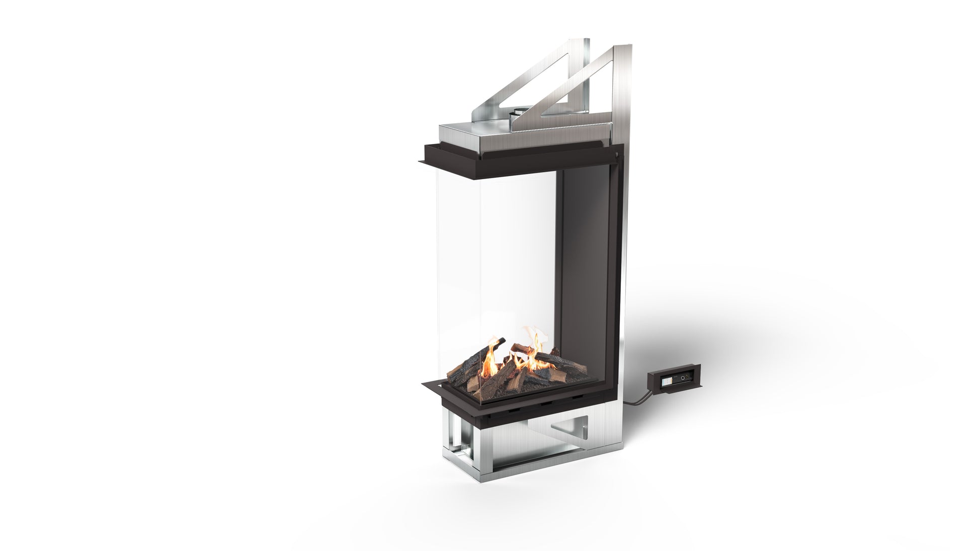 Configuración tipo península de la chimenea Vitro de Planika con tres caras de cristal.