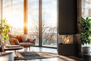 Chimenea de bioetanol cilíndrica Planika Pillar en un salón moderno con ventanales
