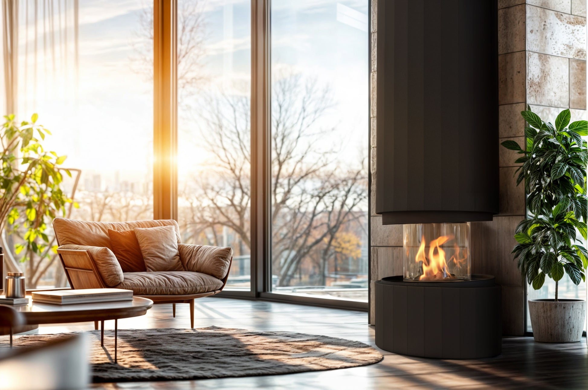 Chimenea de bioetanol cilíndrica Planika Pillar en un salón moderno con ventanales