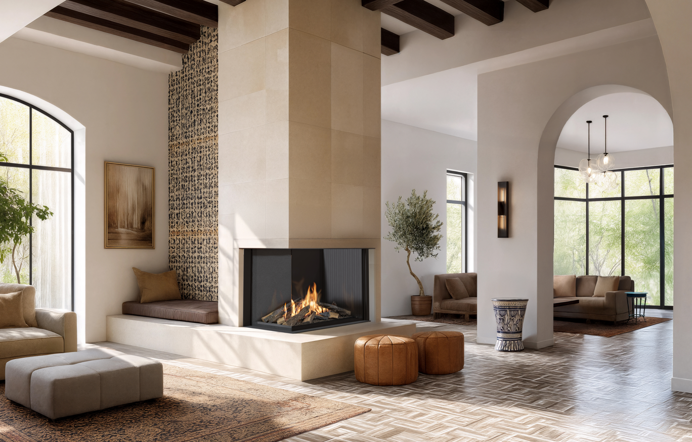 Chimenea de bioetanol autoportante Planika Sono instalada en un salón de diseño mediterráneo