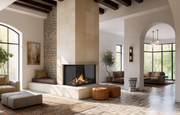 Chimenea de bioetanol autoportante Planika Sono instalada en un salón de diseño mediterráneo