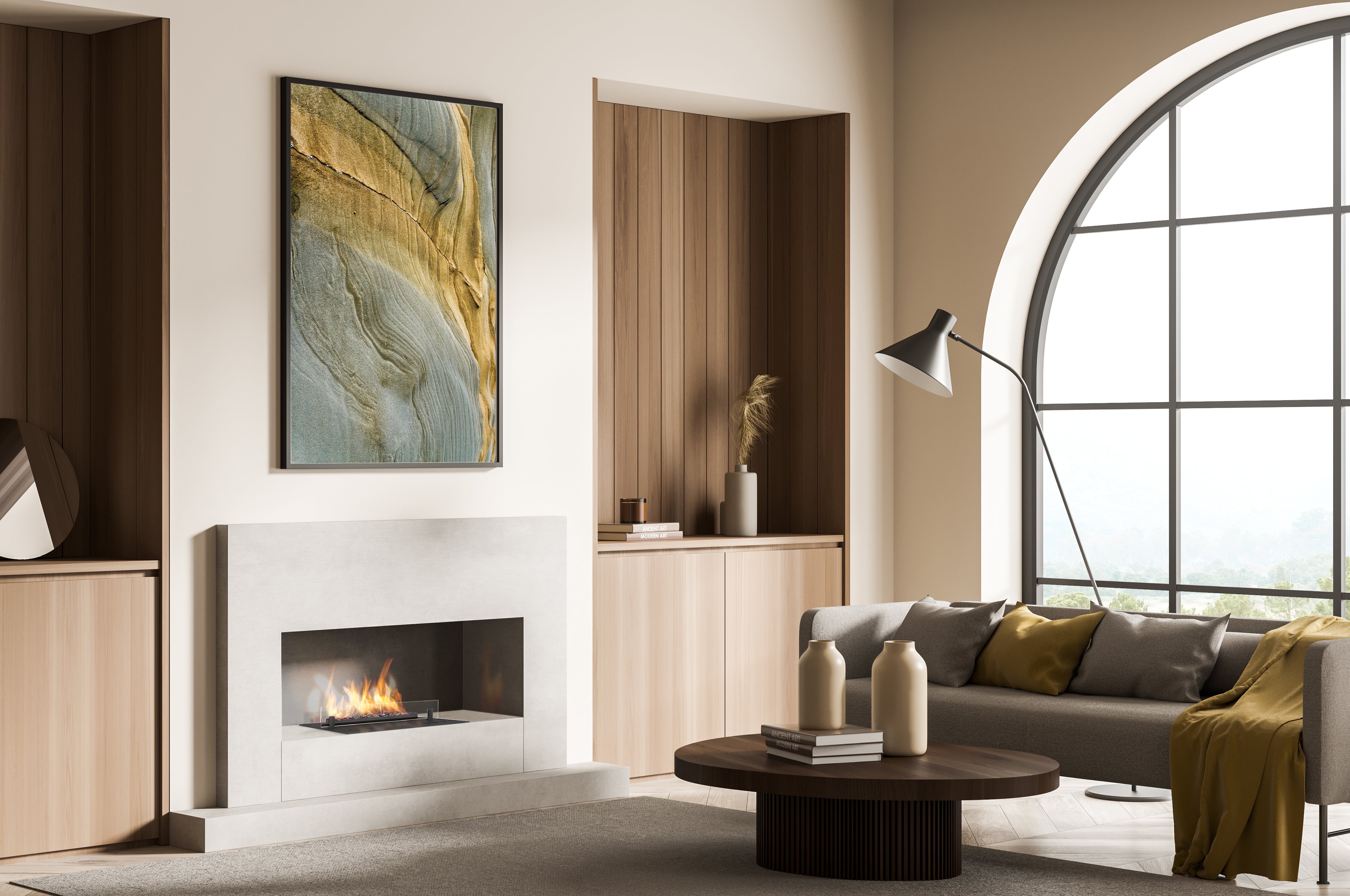 Salón moderno con chimenea de bioetanol Senso integrada bajo cuadro decorativo