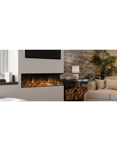 Chimenea E-lectra instalada en mueble de salón bajo televisor con cristal sin reflejos