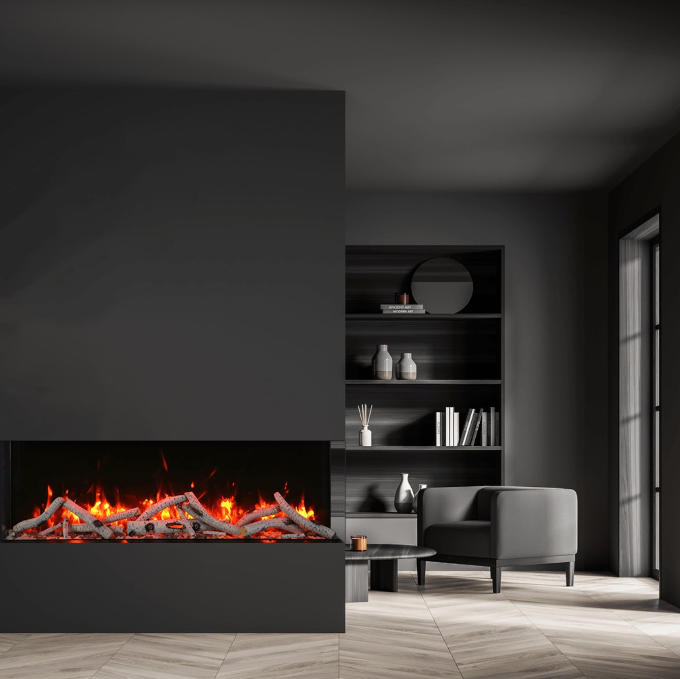 Chimenea electrica de 2 caras de fondo reducido Amantii Tru View Slim en salón de diseño contemporáneo gris.