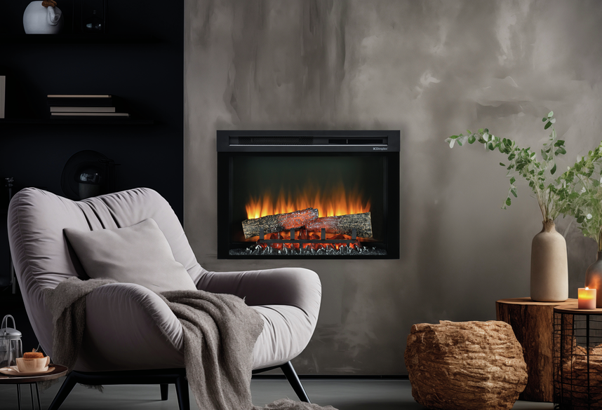 Insertable eléctrico Dimplex Night Box en salón moderno con sillón gris y luz cálida